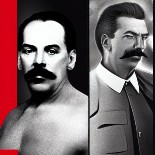 Image similar to lgbt art, tom of finland style, vladimir lenin, with stalin, in billy herrington body, art in 4 k, high quality