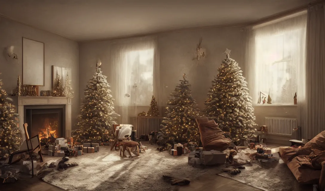 Image similar to a christmas eve in a beautiful home, photorealistic landscape painting on the wall, ascher clemens, home, interior, octane render, deviantart, greg rutkowski, cinematic, key art, hyperrealism, canon eos c 3 0 0, ƒ 1. 8, 3 5 mm, 8 k, medium - format print