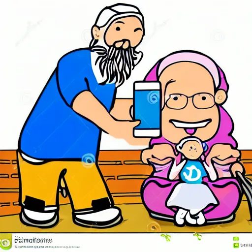 Image similar to cute cartoon character, beard grandpa taking a photo to a baby girl