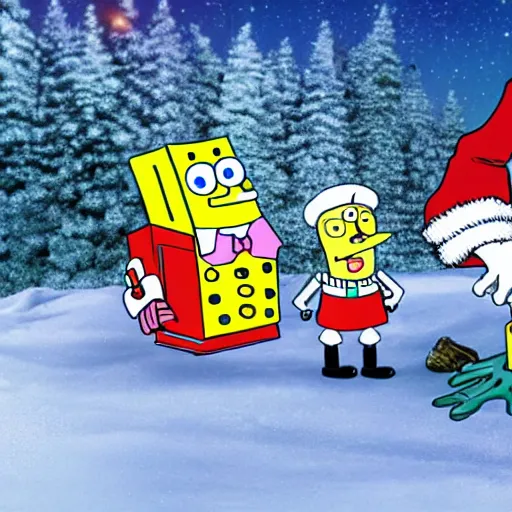 Image similar to robot santa and spongebob ride a tree log down an icy slope