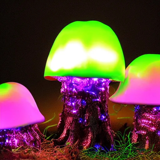 Image similar to cybertronic metallic mushroom, glowing, LED lights, high detail