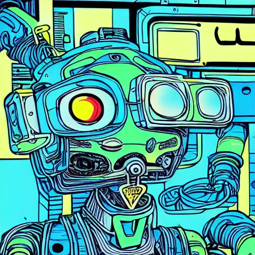 Image similar to robots need love too adorable cute cyberpunk street hustler mech-robot wearing walkman cyan and yellow colored paint oozing from mouth centre image cool street style relaxed pose Jamie Hewlett style moebius style pastel color style neon lights messy cables line drawing,