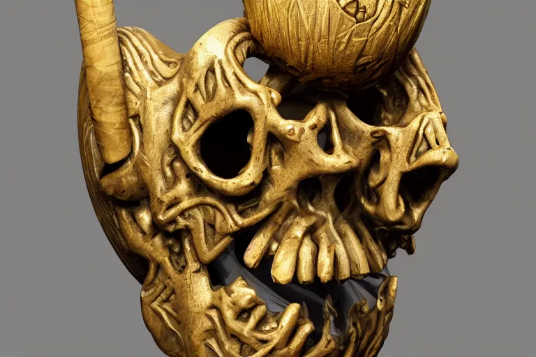 Prompt: tiki head made from bone, in the style of rafael grassetti, rococo, very detailed, intricate, amazing, beautiful, gold filament, black marble, octane render, unreal engine, trending on artstation, museum light,