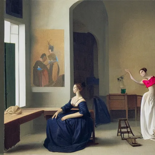 Image similar to photorealistic photoshoot puerto rican fashion designer clothe in tetradic color scheme, pieter de hooch lighting