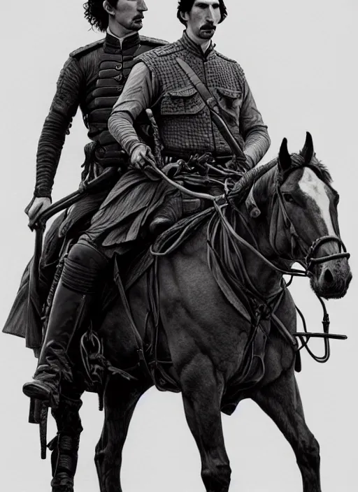 Image similar to painting of adam driver and john oliver, riding horse, stoic, full body, military uniform, fantasy, intricate, elegant, beautiful, highly detailed, charcoal, centered, dark, smokey, digital painting, artstation, concept art, smooth, sharp focus, illustration, art by artgerm and greg rutkowski and alphonse mucha