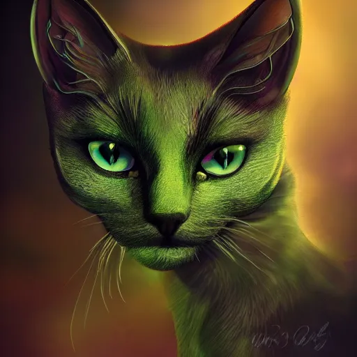 Prompt: beautiful fantasy portrait of a devil cat with green eyes, high detail, fantasy art, concept art, 4 k, ultra detail, computer art