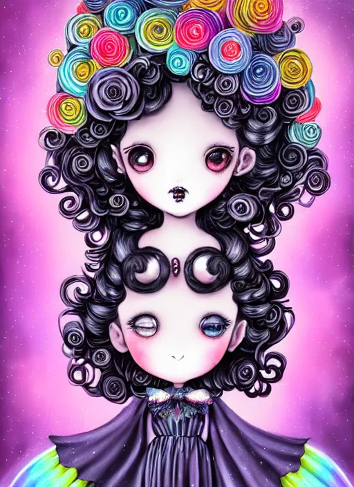 Image similar to dark fantastic illustration of beautiful girl witch with a robot, curls hair, rococo ruffles dress, rosette, symmetrical face, pastel rainbow, pearlescent, cute, fairy, rim light, detailed background, by mai yoneyama, rolua, manga, artstation, concept art, highly detailed, colorful, maximalist