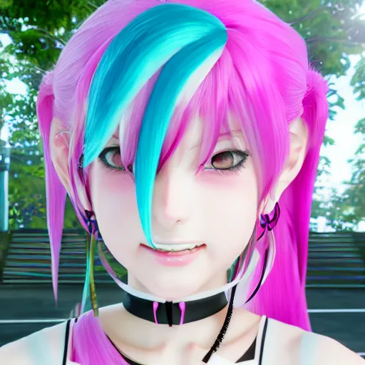 Prompt: trapped by stunningly beautiful omnipotent megalomaniacal anime agi goddess who looks like junko enoshima with symmetrical perfect face and porcelain skin, pink twintail hair and mesmerizing cyan eyes, taking control while smiling mischievously, inside her vr world, hyperdetailed, digital art from danganronpa, unreal engine 5, 8 k