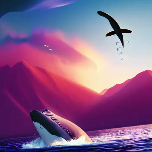 Prompt: digital octane render of a huge whale with tiny small little wings, the whale is flying over the landscape, the landscape is filled with mountains, violet red colorful vibrant sky, vibrant water river, fully detailed, high quality painting, matte painting, trending on artstation, trending on deviant art, octane render, volumetric lightening, 3 d