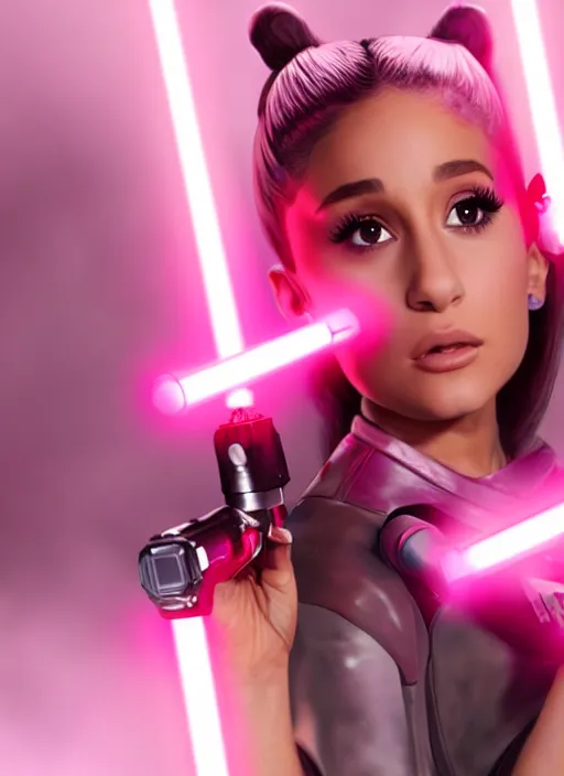 Image similar to An extremely detailed photo of Ariana Grande in the Star Wars universe with two pink lightsabers held in each hand. Maximum detail on artstation, photo realism, vivd details, vivd colour, volumetric lighting. anime art style