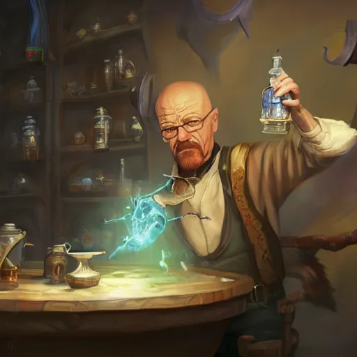 Prompt: Walter White as an Alchemist mixing the Potion of Swift Wind, fantasy illustration by Tony Sart, Trending on artstation
