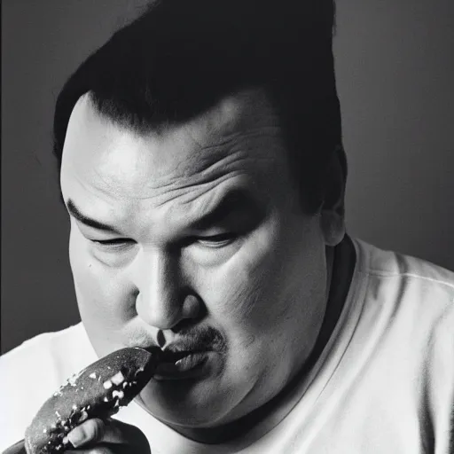 Prompt: rolling stone magazine portrait shot of a fat steven seagal eating a jelly donut, with jelly stains on clothes, 85mm, black and white