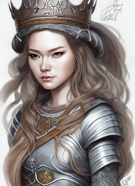 Prompt: lovely nordic medieval queen with long hair, character portrait, sketch, concept art, intricate details, highly detailed photorealistic, portrait, in the style of adam hughes, seseon yoon, artgerm and warren louw