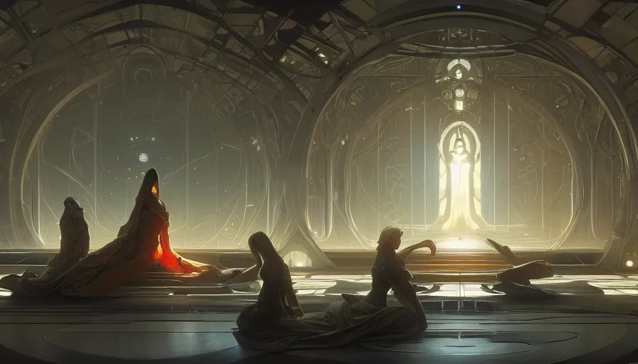 Image similar to a religious scifi room with a floating platform in the center, symmetrical shot, center framing, elegant, cinematic shot, intricate digital painting artstation concept art smooth sharp focus illustration, art by artgerm and greg rutkowski and alphonse mucha