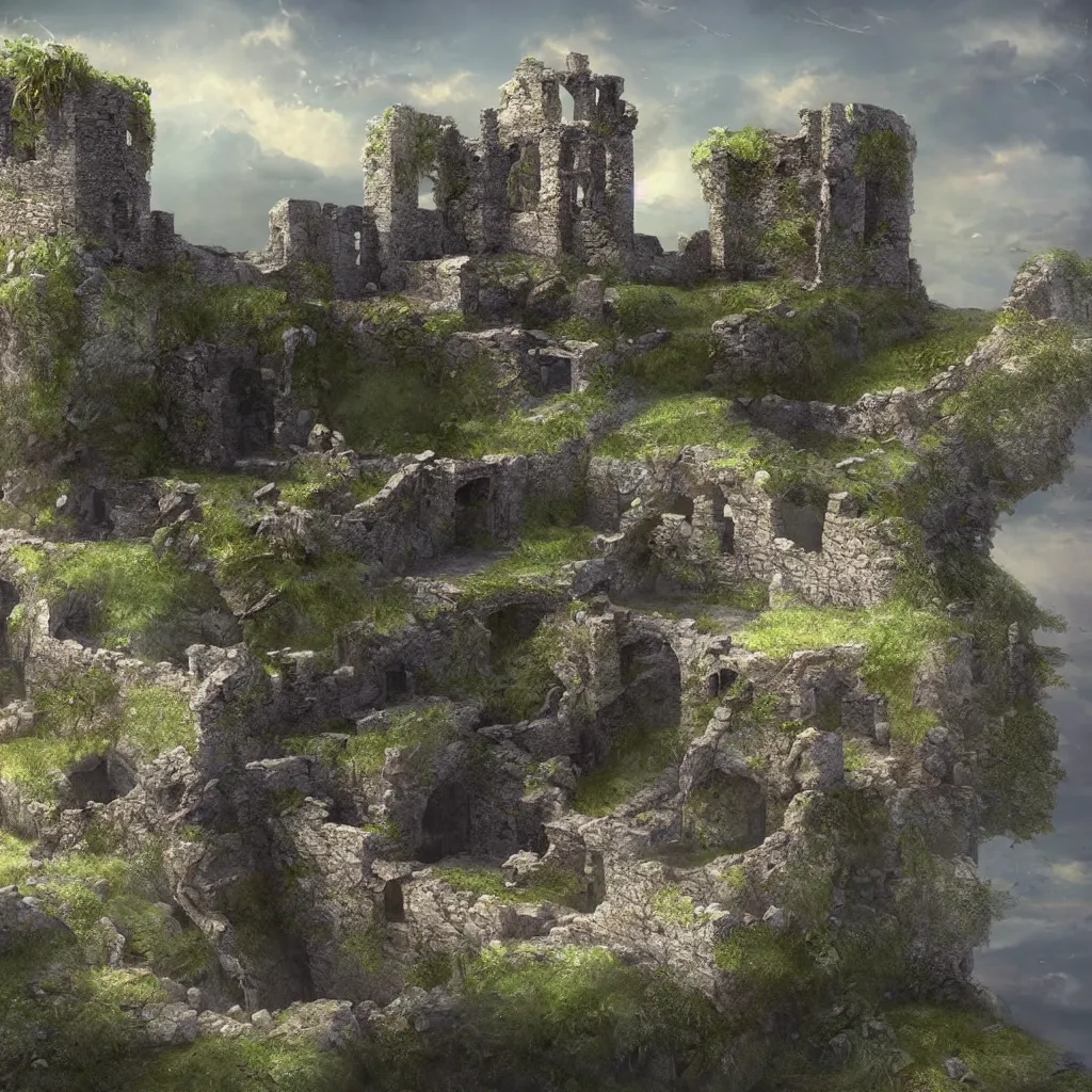 Image similar to looking up at a ruined castle on a small island only reachable by a small land bridge, 8 k, ultra realistic cinematic, intricate, cinematic light, concept art, illustration, art station