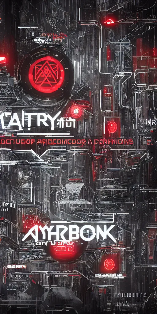 Prompt: a photo of a banner with symbols, cyberpunk logos of megacorporations by tsutomu nihei, futuristic font glyphs, black white red, sci fi font, graphic design, 8 k, innate studio