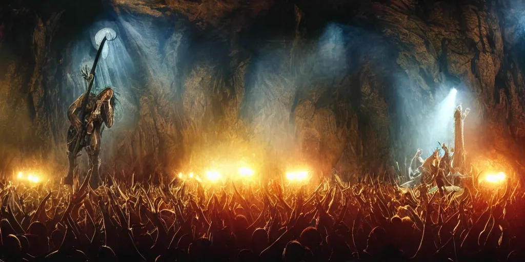 Image similar to sauron plays guitar in a rock concert to a crowd of orcs, lord of the rings, by peter jackson, detailed, realistic lighting, volumetric lighting, 4 k