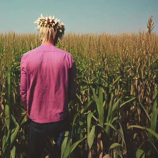 Prompt: revolog volvox photograph of a skinny blonde guy standing in a cornfield, flower crown, back view, grain, moody lighting, telephoto, 9 0 s vibe, blurry background, vaporwave colors!, faded!,