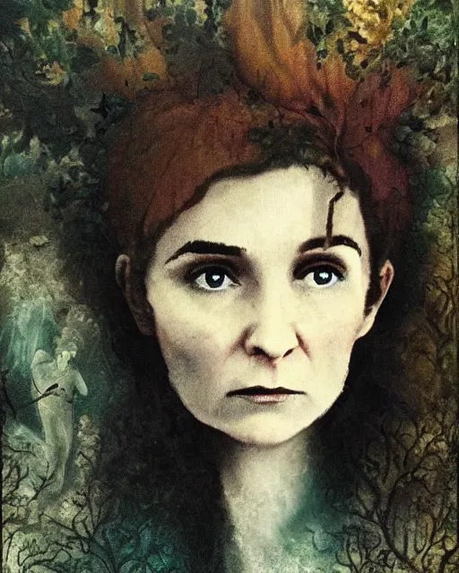 Prompt: a beautiful and eerie baroque painting of a gorgeous young woman who looks like shirley henderson, with wild hair and haunted eyes, 1 9 7 0 s, woodland, afternoon light, mixed media embellishments