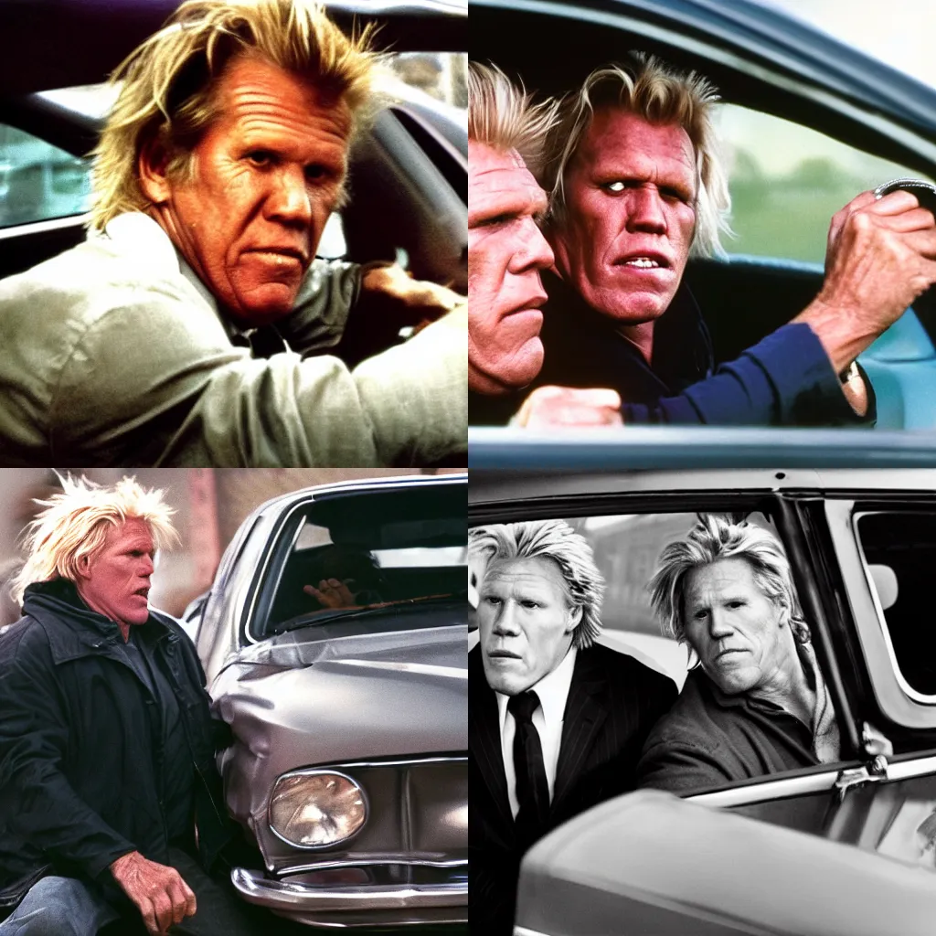 Prompt: Nick Nolte gets in a car crash with Gary Busey, hyper realistic, 4k, award winning photograph