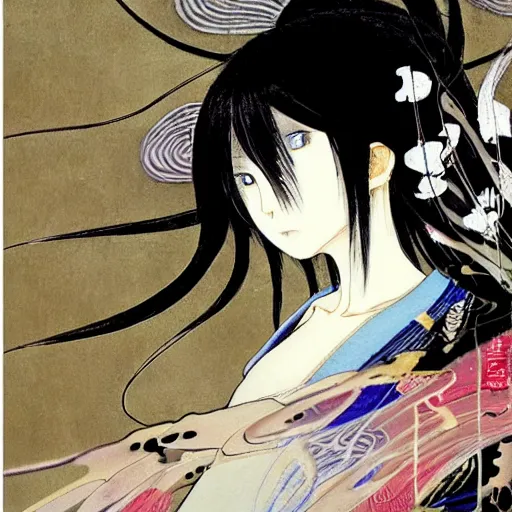 Image similar to yoshitaka amano blurred and dreamy realistic illustration of a japanese woman in anime style with black eyes, wavy white hair fluttering in the wind wearing elden ring armor with engraving, abstract patterns in the background, satoshi kon anime, noisy film grain effect, highly detailed, renaissance oil painting, weird portrait angle, blurred lost edges, three quarter view