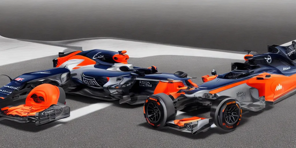 Prompt: hybrid design between McLaren MCL34 F1 car 2021 and Ford Mustang GT 2021. No background, concept art style.