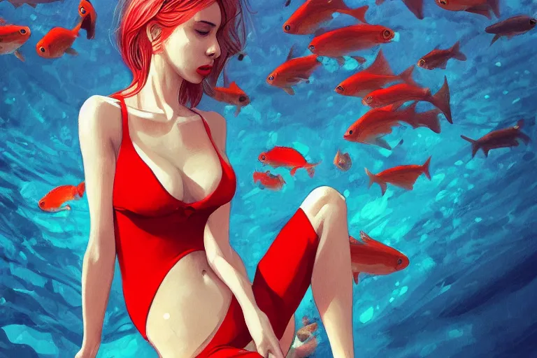 Image similar to fishes swim around woman in red swimsuit, highly detailed, smooth, sharp focus, concept art, illustration, beautiful, geometric, trending on artstation, cinematic, behance featured, artwork by Bowater, Charlie