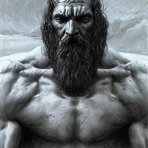 Image similar to zeus in thunder armor concept, bearded, muscular, beksinski