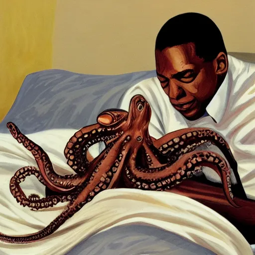 Image similar to john coltrane snuggling an octopus in bed