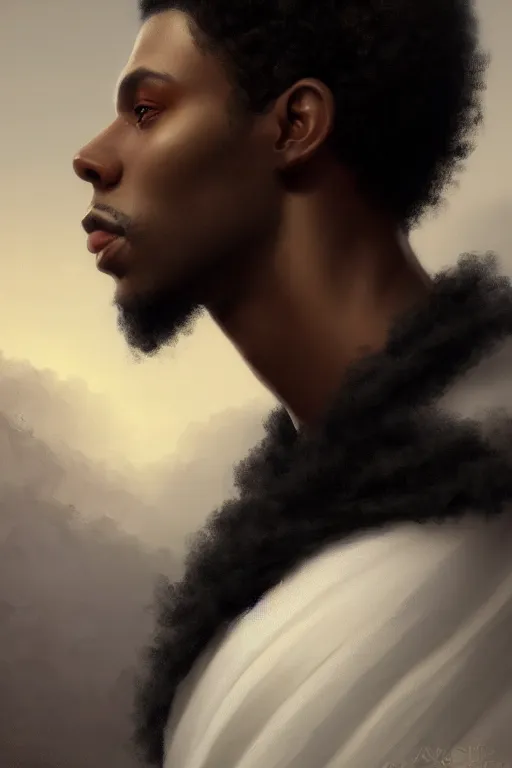 Image similar to a portrait of a black male prince, side profile, white cape, illustration, soft lighting, soft details, dark mood, painting oil on canvas by Edmund Blair Leighton and Charlie Bowater octane render trending on artstation d&d characters, 4k, 8k, HD