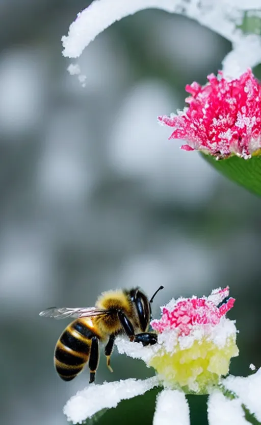 Image similar to a bee finding a beautiful flower, both entrapped in ice, only snow in the background, beautiful macro photography, ambient light