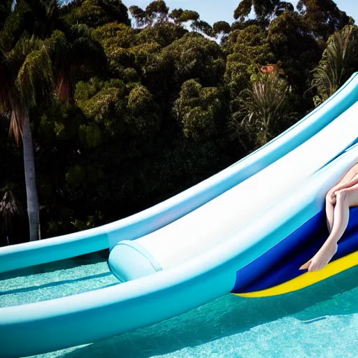 Prompt: 4 k photograph of jacinda ardern riding a waterslide.