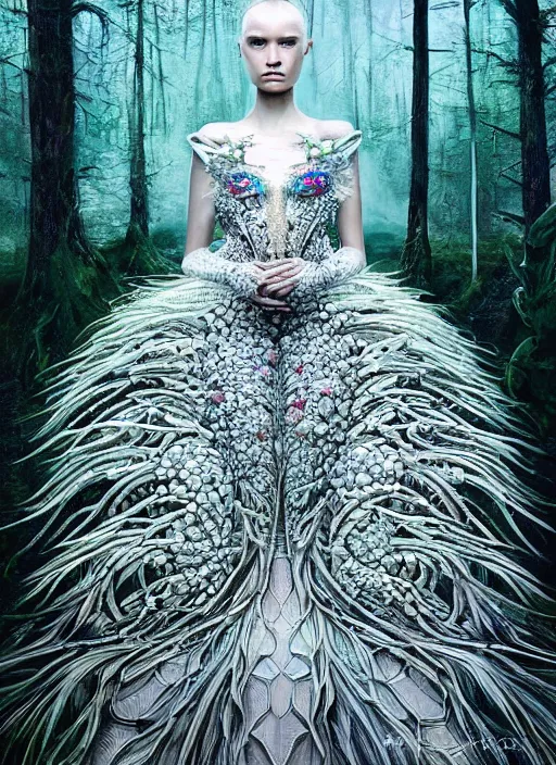 Prompt: a beautiful hyperrealistic ultradetailed 3D, one girl in a magnificent McQueen couture clothes on the background of a futuristic forest, Designer clothes, futuristic clothes, clothes from the future, biopunk, voge photo, fashion style, fullbody, in full growth, intricate, elegant, highly detailed, artstation, concept art, smooth, sharp focus, illustration, art by and greg rutkowski and orientalism and bouguereau and Zdzislaw Beksinski, good clear quality, lighting,