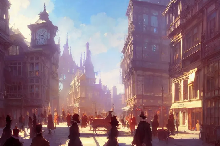 Prompt: an victorian city, scene in the sun. 1 8 9 0, key visual, conceptart, ambient lighting, highly detailed, digital painting, artstation, concept art, sharp focus, by makoto shinkai and akihiko yoshida and greg manchess