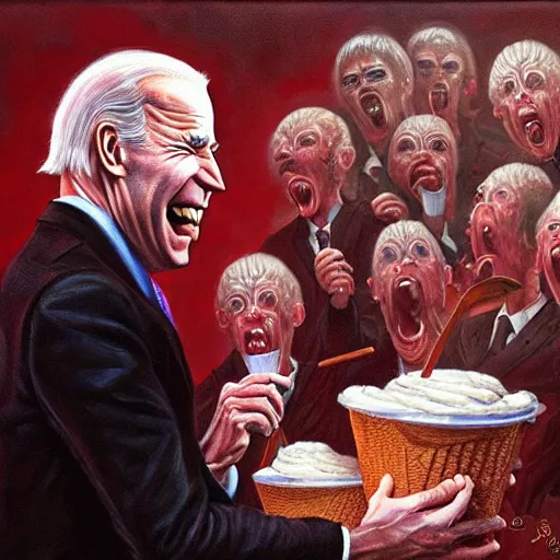 Prompt: epic Joe Biden eats waffle cone ice cream in pandemonium, demons and souls, portrait, art by Wayne Barlowe, oil on canvas