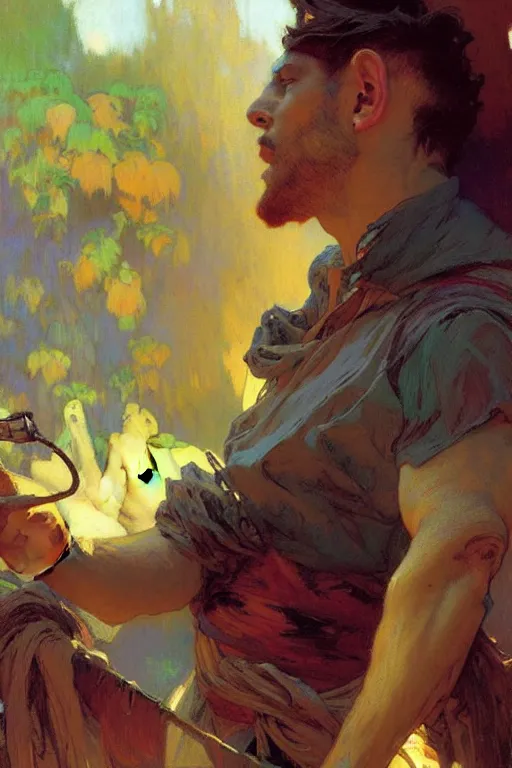 Image similar to attractive man taking a selfie, cool colors, painting by gaston bussiere, craig mullins, greg rutkowski, alphonse mucha