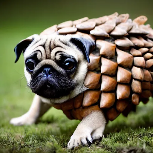 Prompt: a Pug with the armor of a pangolin, national geographic photograph