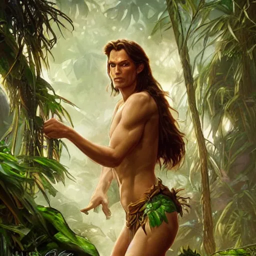 Image similar to Tarzan in the jungle, D&D, fantasy, intricate, elegant, highly detailed, digital painting, artstation, concept art, matte, sharp focus, illustration, hearthstone, art by Artgerm and Greg Rutkowski and Alphonse Mucha