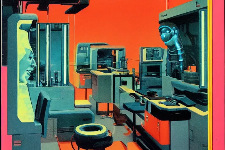 Image similar to 1979 OMNI Magazine Cover of a denture lab. in cyberpunk style by Vincent Di Fate