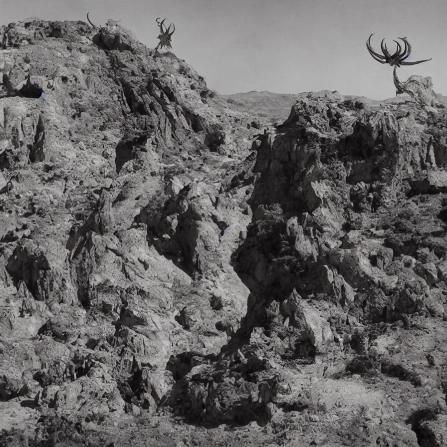 Prompt: portrait of salvador dali wearing a horned crown and jewels in a dry rocky desert landscape, alien spaceship by giger in the landscape, film still from the movie by alejandro jodorowsky with cinematogrophy of christopher doyle and art direction by hans giger, anamorphic lens, kodakchrome, very detailed photo, 8 k