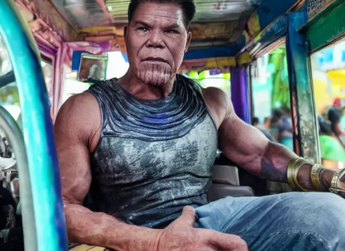 Image similar to thanos wearing a tanktop in a jeepney, real life photograph, award winning photograph, 4 k, high definition