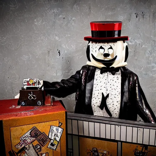 Prompt: Creepy Mr Monopoly animatronic, rusted and abandoned, far away, dark, ominous lighting