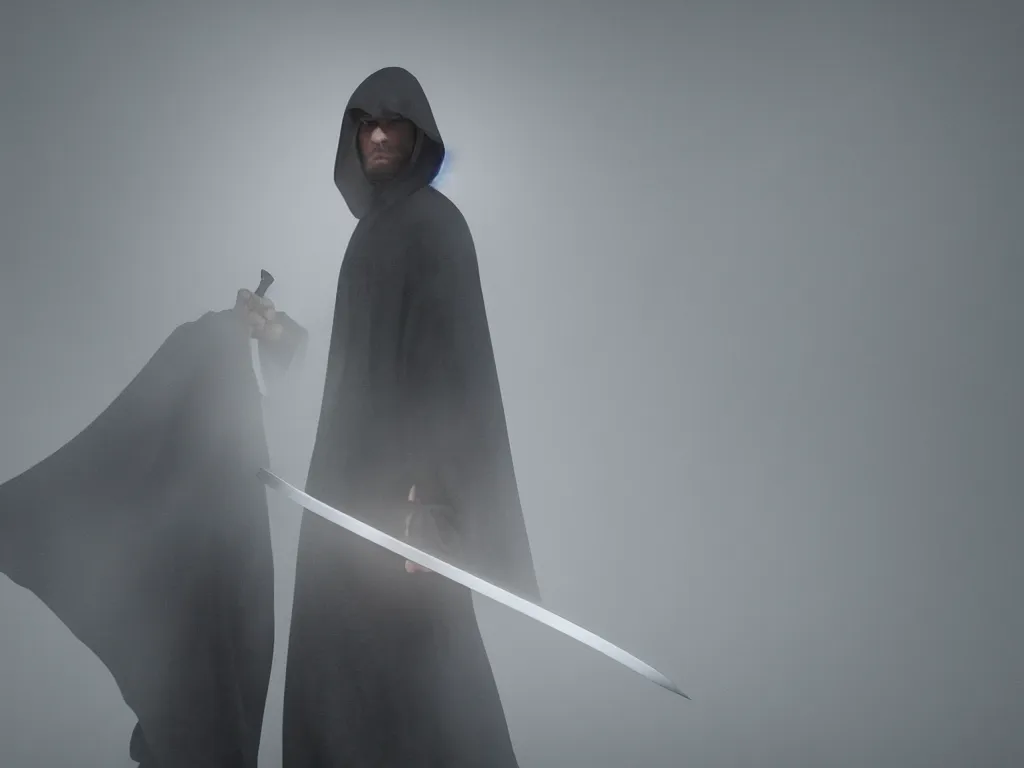 Image similar to a cloaked man holding a sword, shadows, smoke, mist, 8K octane render