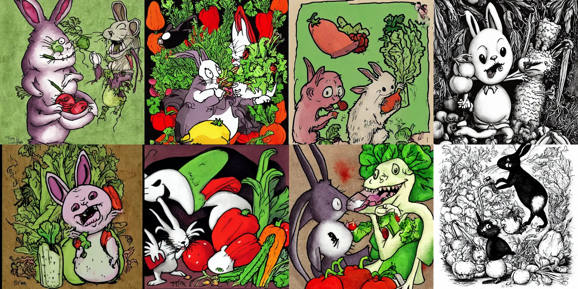 Prompt: a vampire bunny sucking the juice out of vegetables by tim burton