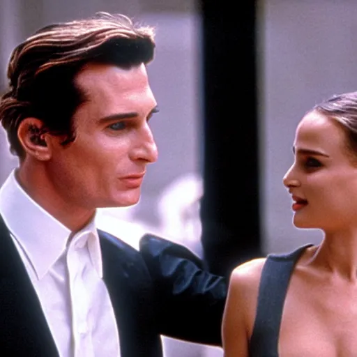 Image similar to patrick bateman on a date with natalie portman, cinematic