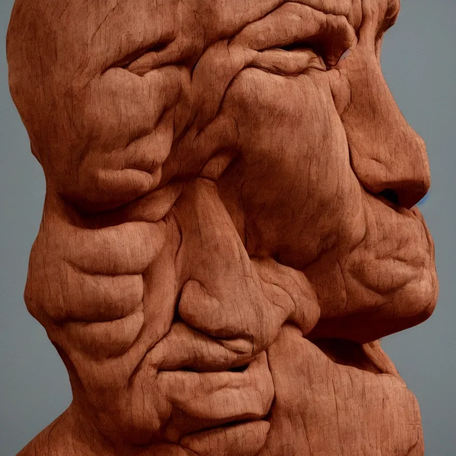Prompt: realistic monumental sculpture portrait of a powerful stern woman's face carved out of a red oak wood on a pedestal by stephan balkenhol and duane hanson and donald judd, hyperrealistic dramatic colored lighting trending on artstation 8 k