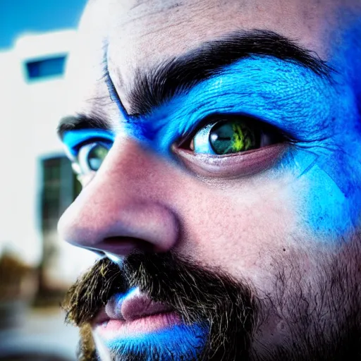 Image similar to fish eye lens close up photograph of a man with blue skin and a goatee side eyeing the camera with a sympathetic look