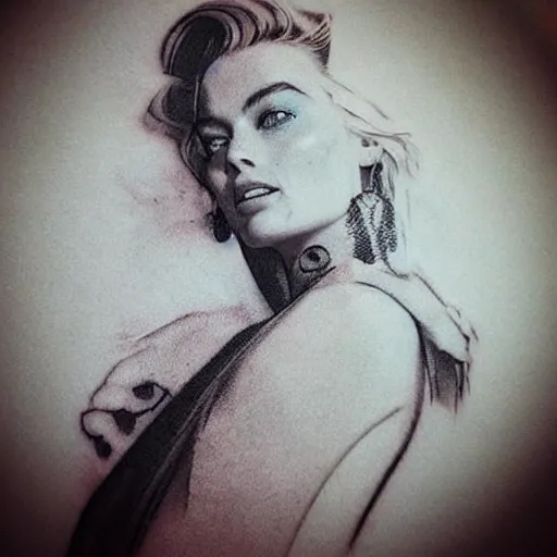 Prompt: double exposure tattoo design sketch of beautiful margot robbie in the shape of beautiful mountains, in the style of matteo pasqualin, amazing detail