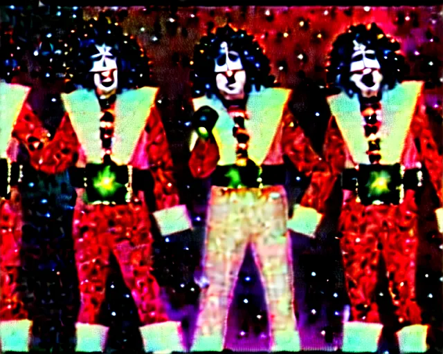 Image similar to 8 0's christmas special, featuring frosty the snowman, the band kiss, and the harlem globe trotters, frame from vhs tape