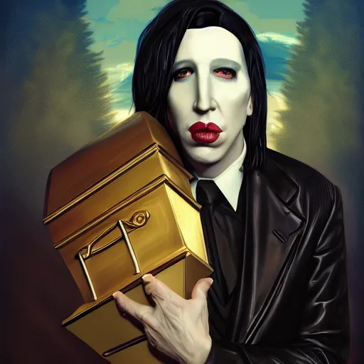 Prompt: clear portrait of marilyn manson holding a coffin, golden hour background, cottagecore!!, hyper detailed, character concept, full body, dynamic pose, intricate, elegant, highly detailed, digital painting, artstation, concept art, smooth, sharp focus, illustration, art by artgerm and greg rutkowski and alphonse mucha